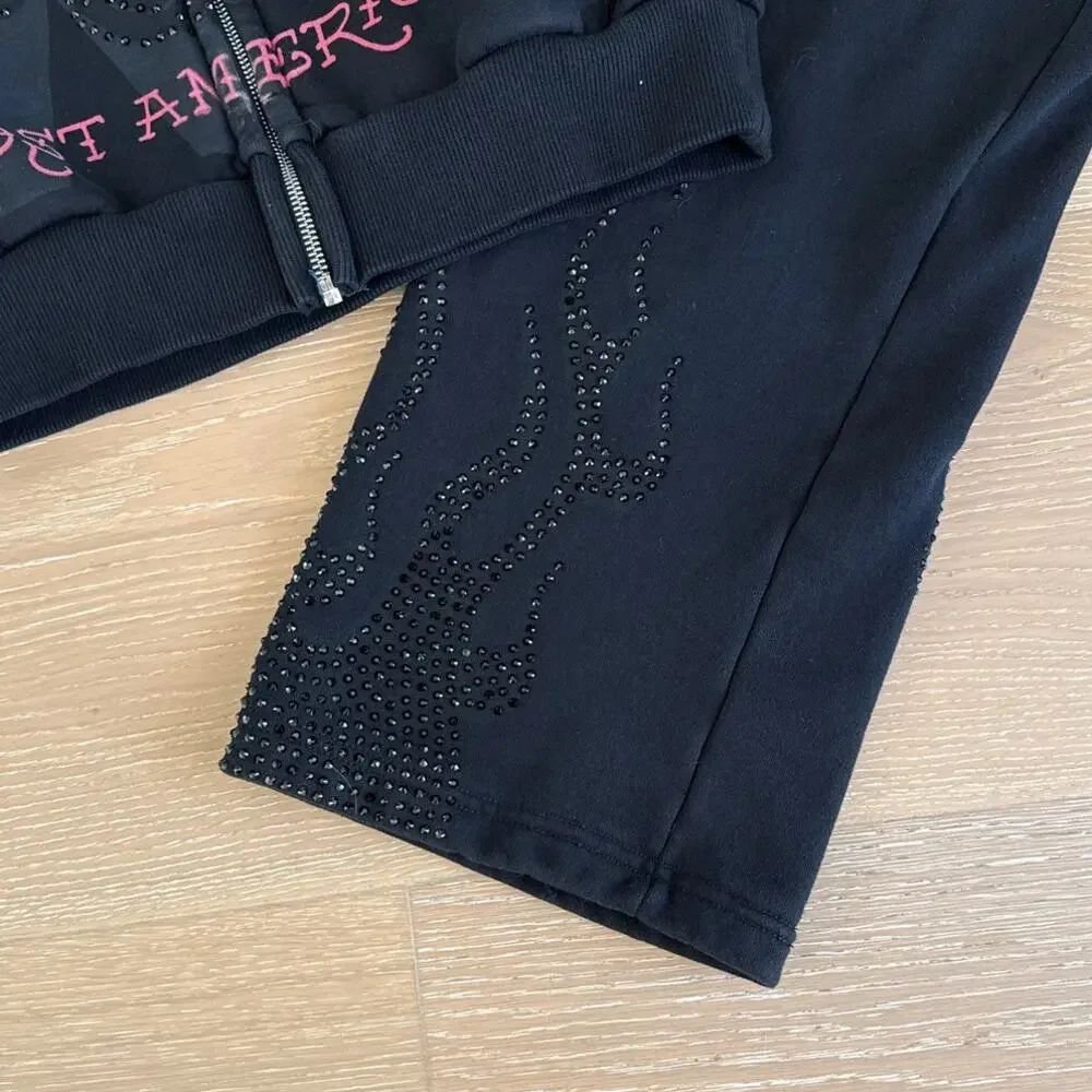 Ed Hardy x MGK Flames Rhinestone Hoodie and Sweatpants Size S in Black